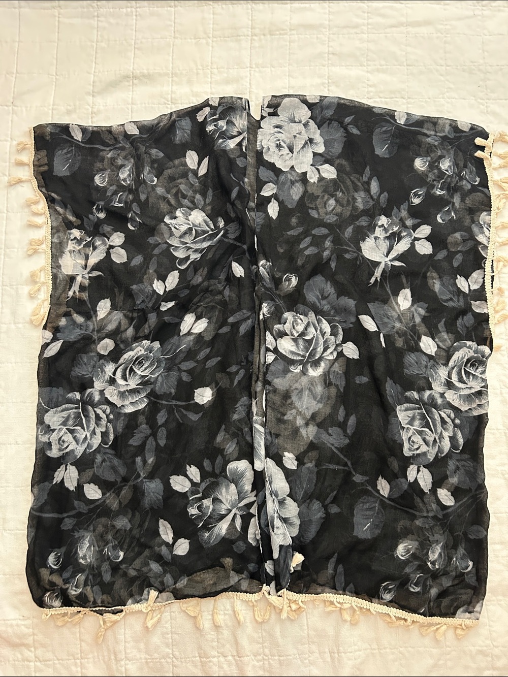 Riah Fashion Black Floral Sheer Swim Coverup with Cream Tassel Trim
